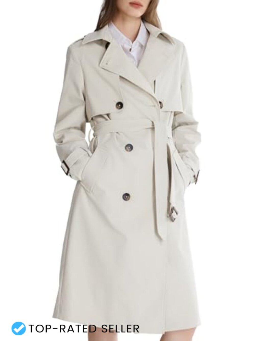 Women's 3/4 Length Double Breasted Trench Coat with Belt Polyester